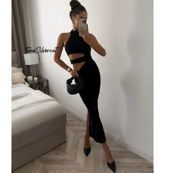 BLOGGER'S FAVE! Zara Cut Out Halter Midi Dress Black NWT